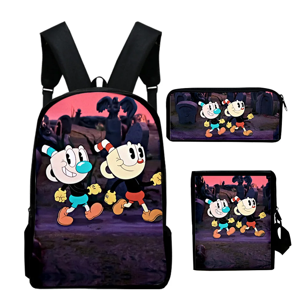 Moda The Cuphead Show Anime Impressão 3D 3 pçs/set Aluno Sacos de Escola Laptop Daypack Mochila Bolsa de Ombro Inclinado Estojo de Lápis