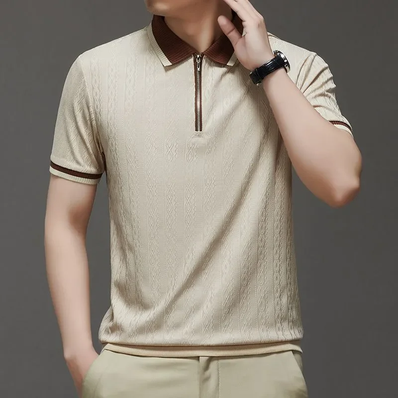 Men's Contrast Collar Half Zip Textured Short Sleeve Polo Shirt Casual Top