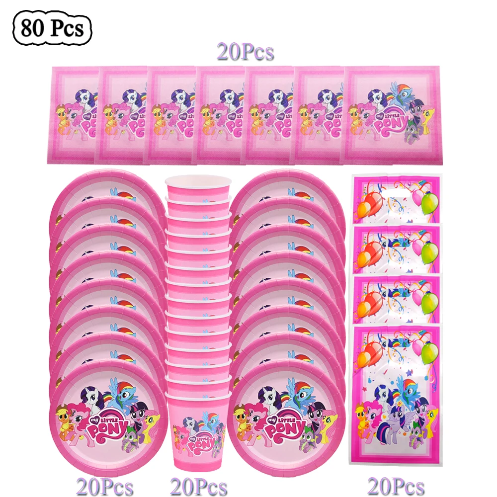 Little Pony Theme Birthday Party Decoration Supplies Disposable Tableware Paper Plates Cups Napkins Kids Baby Shower Favors Set