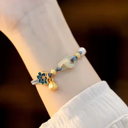 Fashion Retro Imitation Jade Ping An Buckle Couple Bracelets For Women Men Chinese Lotus Flower Lucky Hand Chain Jewelry Gift