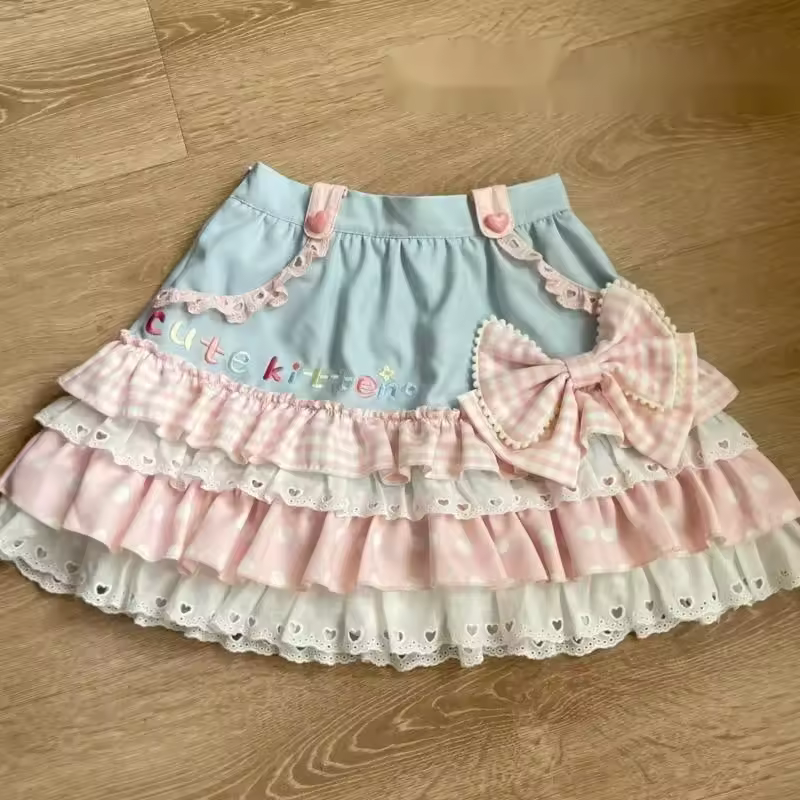 Y2K JK Lolita Japón Kawaii chica Linda camiseta de encaje dulce Tops con estampado de Lolita blusa de pastel con lazo falda de pastel empalmado de corte a nuevo Chic - AliExpress