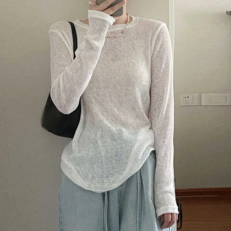 T-shirt transparent en tricot à manches longues pour femmes, Économie à col rond, Économie décontractés pour femmes, Économie monochromes, Base, Streetwear sexy, Automne