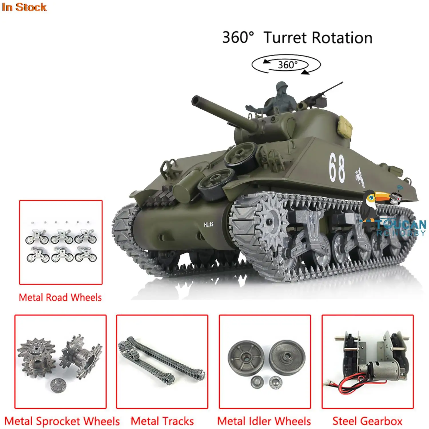 

Heng Long 1/16 Customized 7.0 M4A3 Sherman RC Tank 3898 360° Turret Metal Tracks Ready to Run Model TH17680
