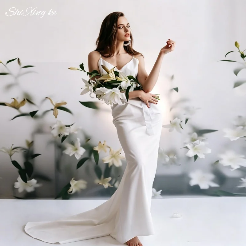 Satin Mermaid Wedding Dress Spaghetti Straps V‑Neck Draped Minimalist Bridal Gown Vestidos de Novia Customized