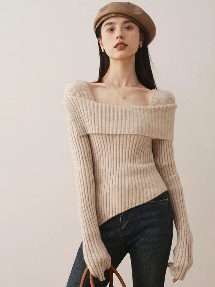 French Elegant Pullovers Irregular Slash Neck Long Sleeve Solid Color Female Slim Sweater All Match Autumn Winter Women Clothing