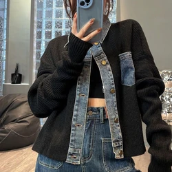 Knitted Woman Jean Coat Short Grey Denim Jacket for Women Small Patchwork Crop Black Outerwear Harajuku Y2k Fashion Korea Deals