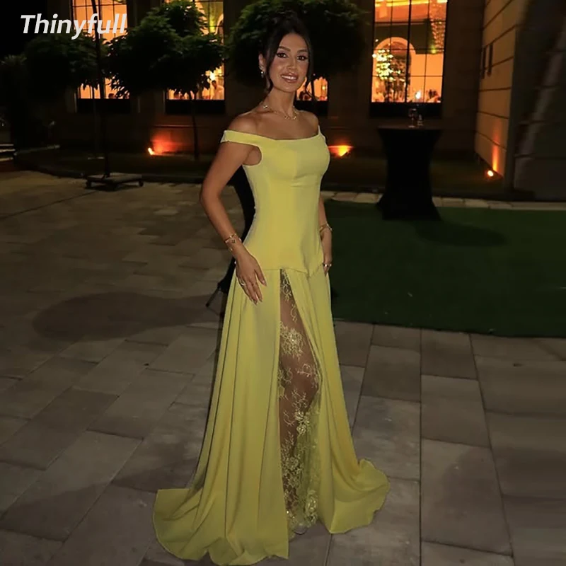 

Thinyfull A-line Satin/Lace Prom Dress Off Shoulder Long Arab Evening Dresses Formal Occasion Gown Robe De Soirée Customized