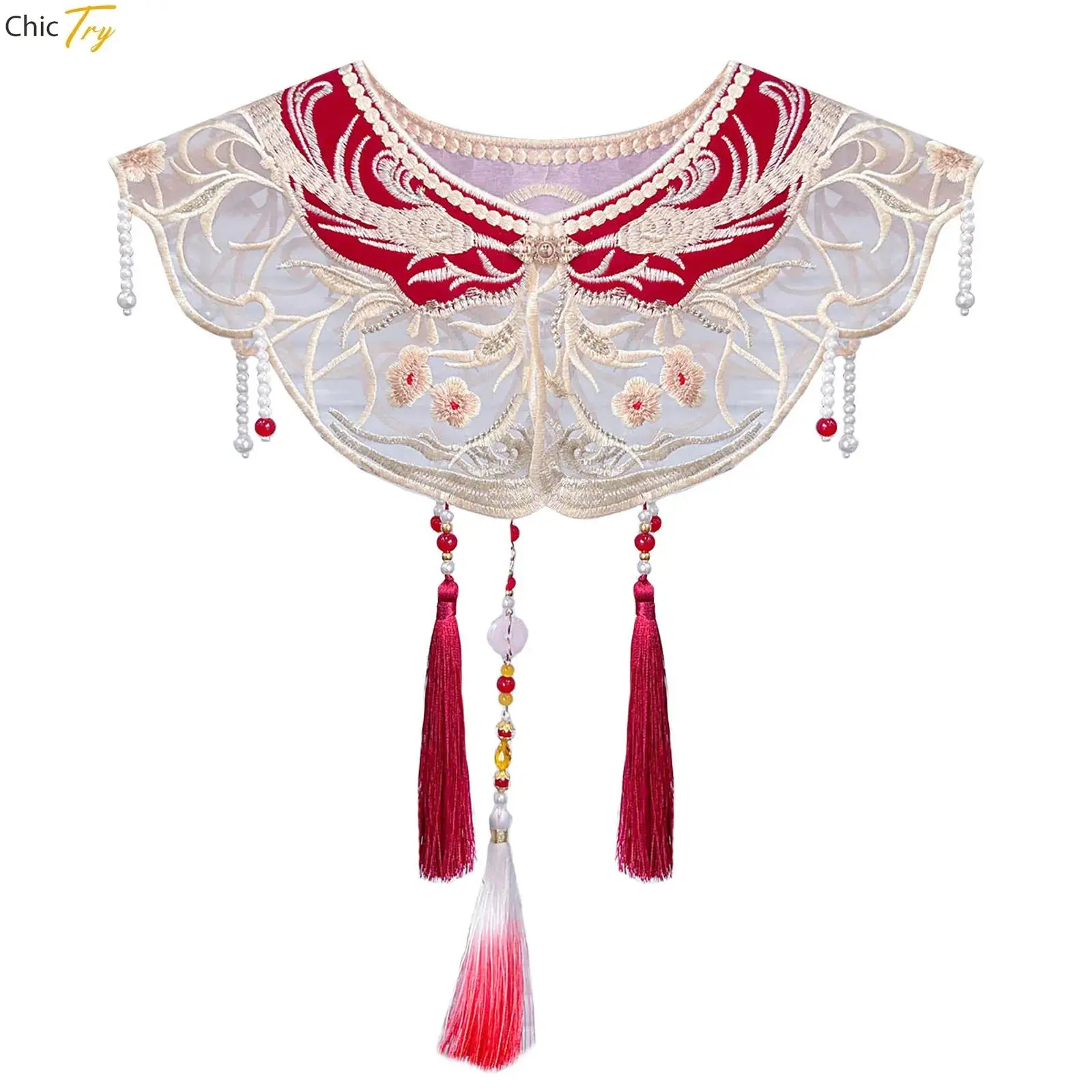 Women Chiness Traditional Ming Dynasty Hanfu False Collar Pearls Tassels Exquisite Embroidered Cape Yunjian Accessories