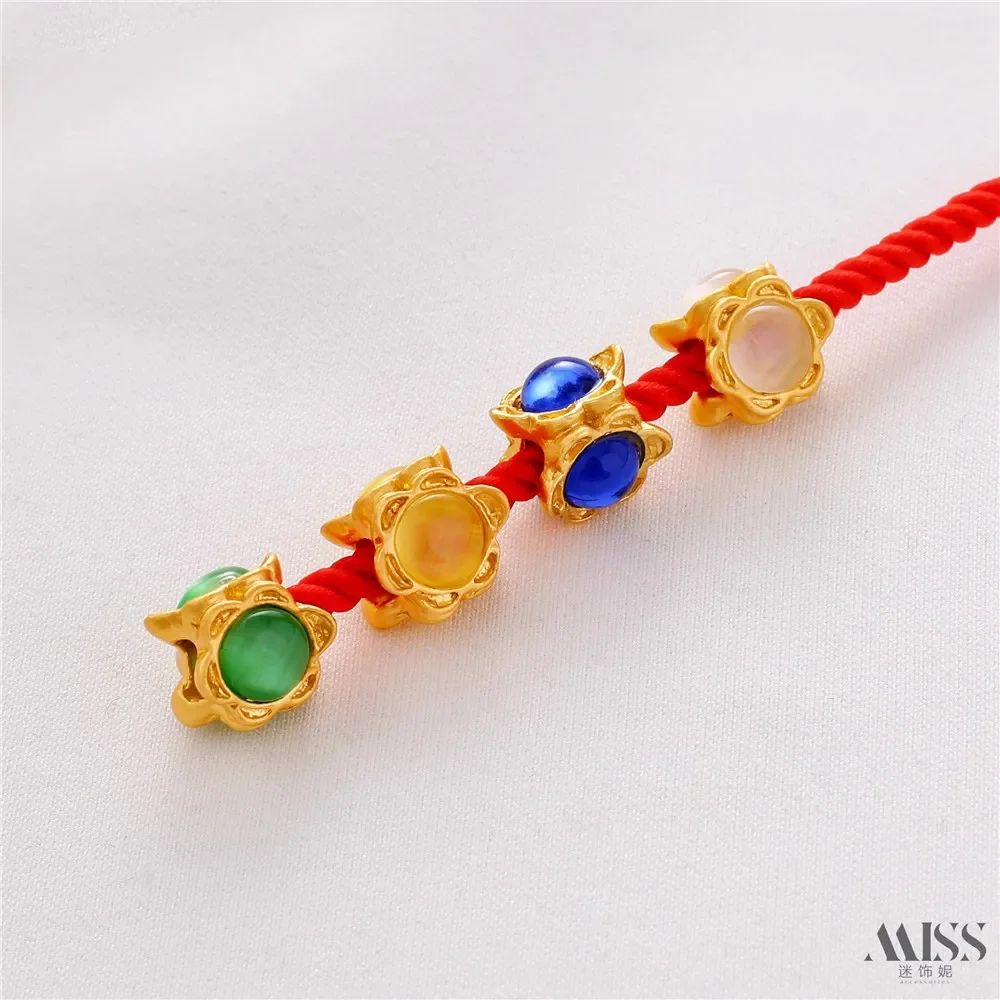 18K Matte Gold Color Inlaid Cat's Eye Jade Large Hole Bead Spacer Loose Bead DIY Bracelet Bucket Bead Jewelry Accessories