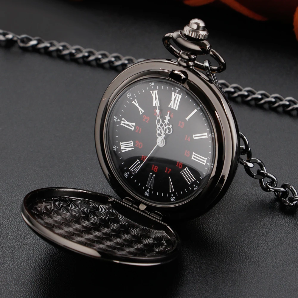 New Arrival Black Smooth Quartz Pocket Watch Fob Chain Best Gift Men Women Fashion Steampunk Roman Numerals Gift