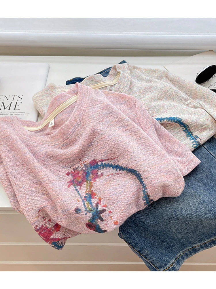 Summer New Style Women's Short Sleeve T-Shirt Hand-Drawn Design Casual round Neck Shoulder Appropriate Base Shirt Trendy