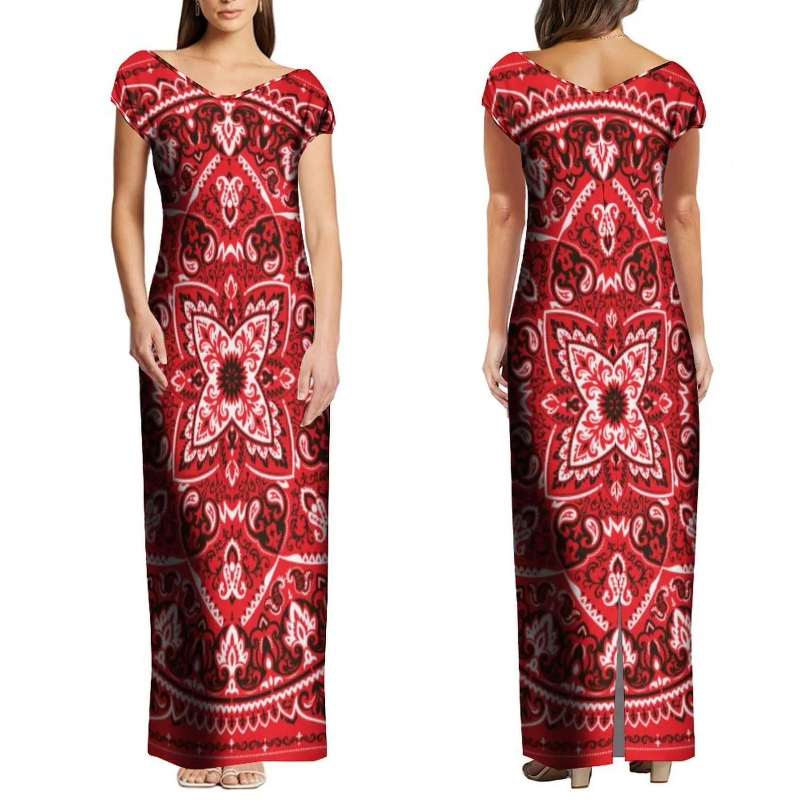 Belastingvrij nieuw ontwerp op maat grote maat bandana print jurk dames elegante grote v-hals off-shoulder split lange maxi-jurk