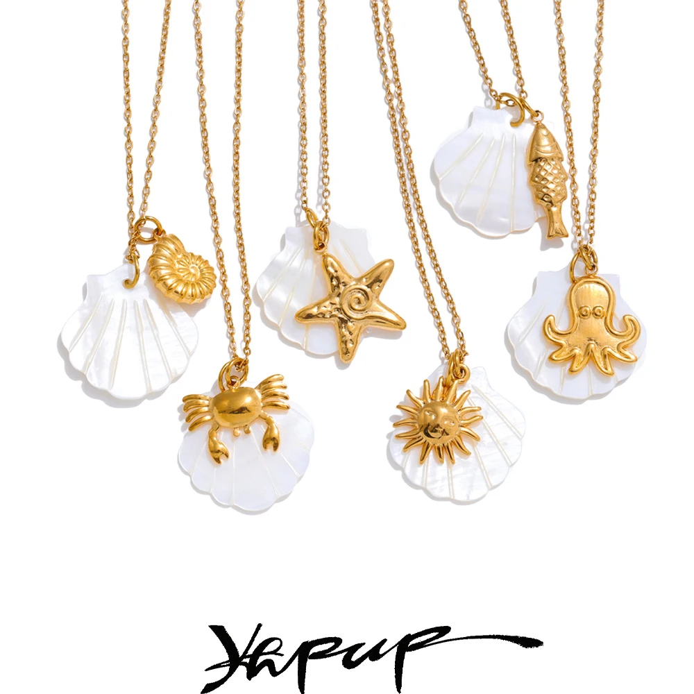 Yhpup Sommer-Ozean-Stil, Muschel, Seestern, Muschel-Anhänger, Halskette, 18 Karat vergoldet, wasserdicht, Charm-Schmuck, Geschenk
