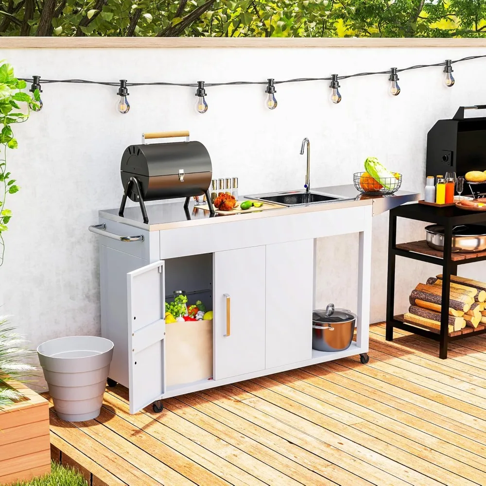 Outdoor Grill Table with Stainless Steel Sink and Drainage, Grill Cart with Foldable Side Table and Cabinet, Outdoor Kitchen