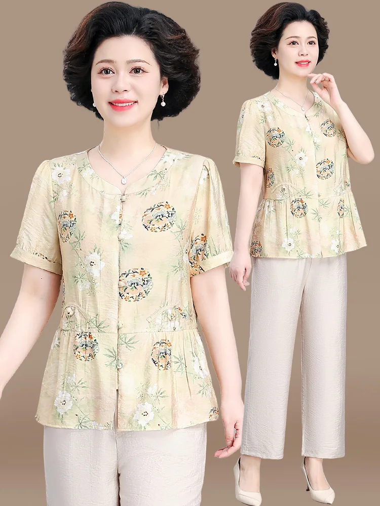 

Faionable Summer Outfit Set for orter Mothers Cotton Linen ort Sve Two-Piece Suit Loose Fit round Ne Single Button...