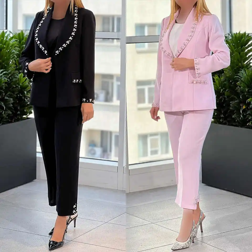 

Elegant Women Suit 2 Pieces Blazer Pants Handmade Beading Shawl Lapel Party Prom Tailored Formal Office Lady Wear