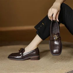 New Autumn Winter Split Leather Women Pumps Shoes for Women French Square Toe Loafers Zapatos Mujer Chunky Heels Ladies Shoes