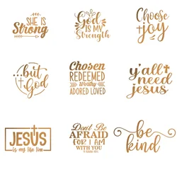 9 peice Jesus Golden letters Heat Transfer DIY for Bag Clothes Iron on Transfers T Shirt Thermo Stickers Personalised Tops Patch