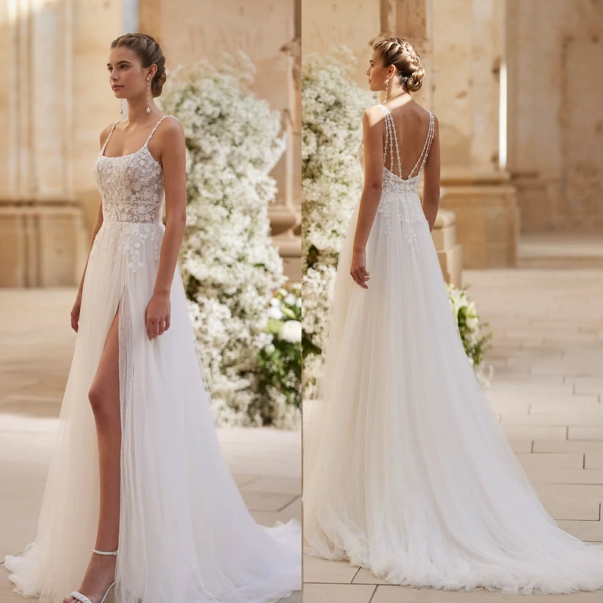 

New White Wedding Dresses for Women A Line Sequare Collar Vestido de Novia with Appliques Illusion Tulle Bridal Gowns Customized