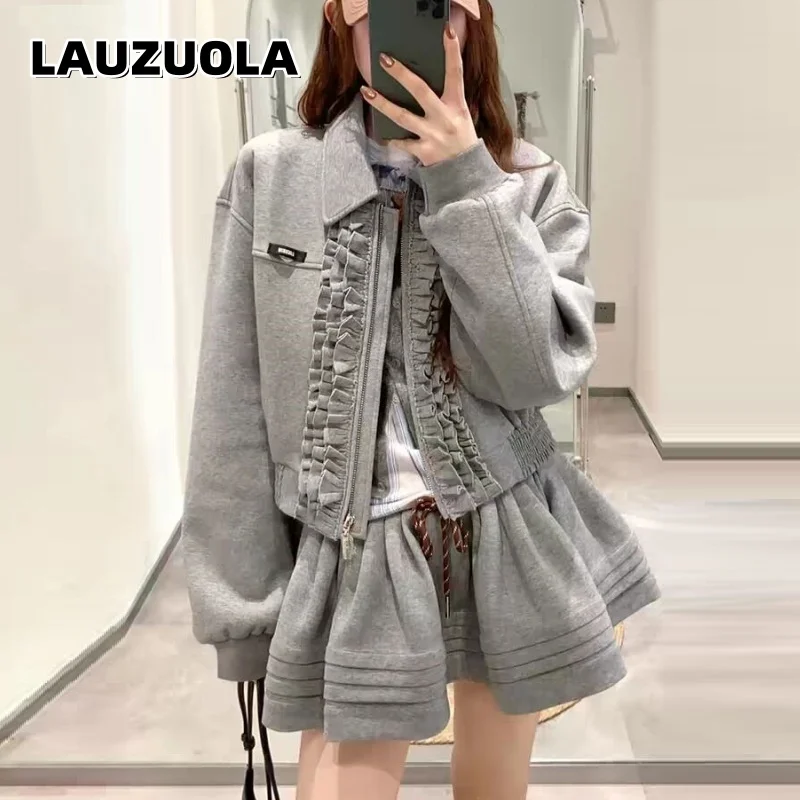Women Gray 2 Piece Outfit Ruffle Zip Up Lapel Cropped Jacket Drawstring Pleated Skirt Set Casual Sweat Suit Streetwear Tracksuit