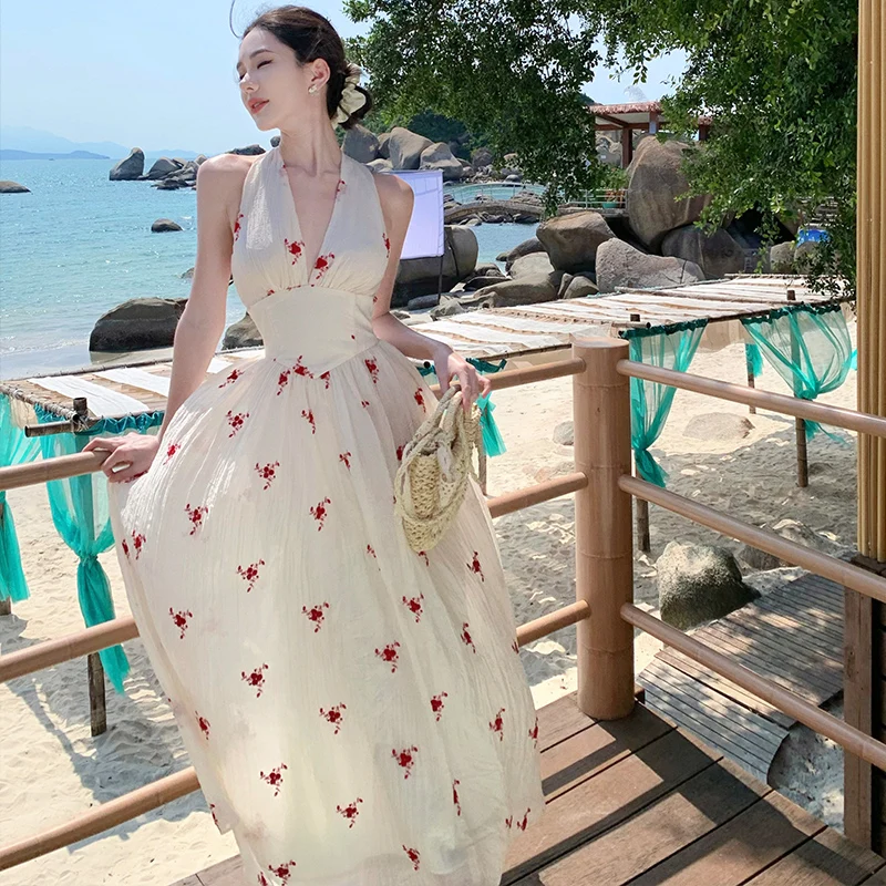 French Fashion Summer Sexy Deep V Neck Vacation Long Dress Women's Halter Sleeveless Flower Print Backless High Waist Boho Robe