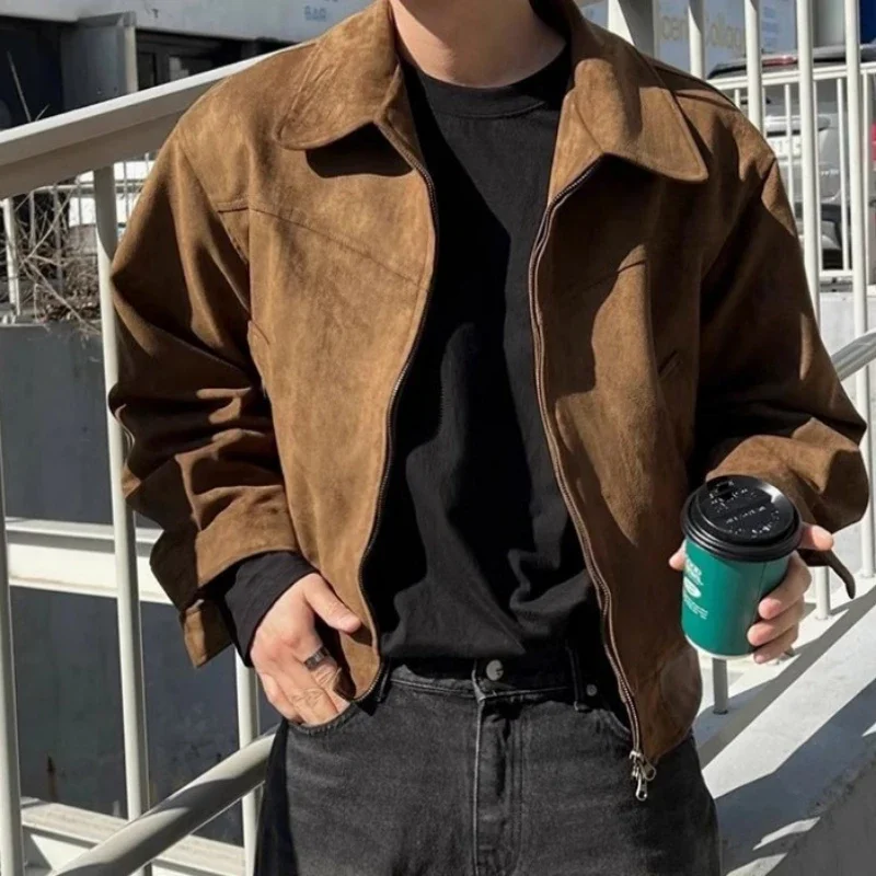 

Мужская винтажная замшевая куртка-бомбер в стиле ретро, верхняя одежда из потертой кожи, повседневное уличное пальто