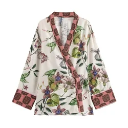 Taop&Za 2024 Autumn New Product Women's Fashion Leisure Versatile Long Sleeve V-neck Positioning Printed Top Kimono