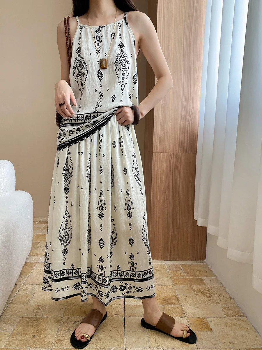 

Лето 2025 г., женский праздничный пляжный костюм, жилет-бретелька с принтом в стиле ретро + юбка с высокой талией, комплект из 2 предметов, повседневная одежда в стиле бохо