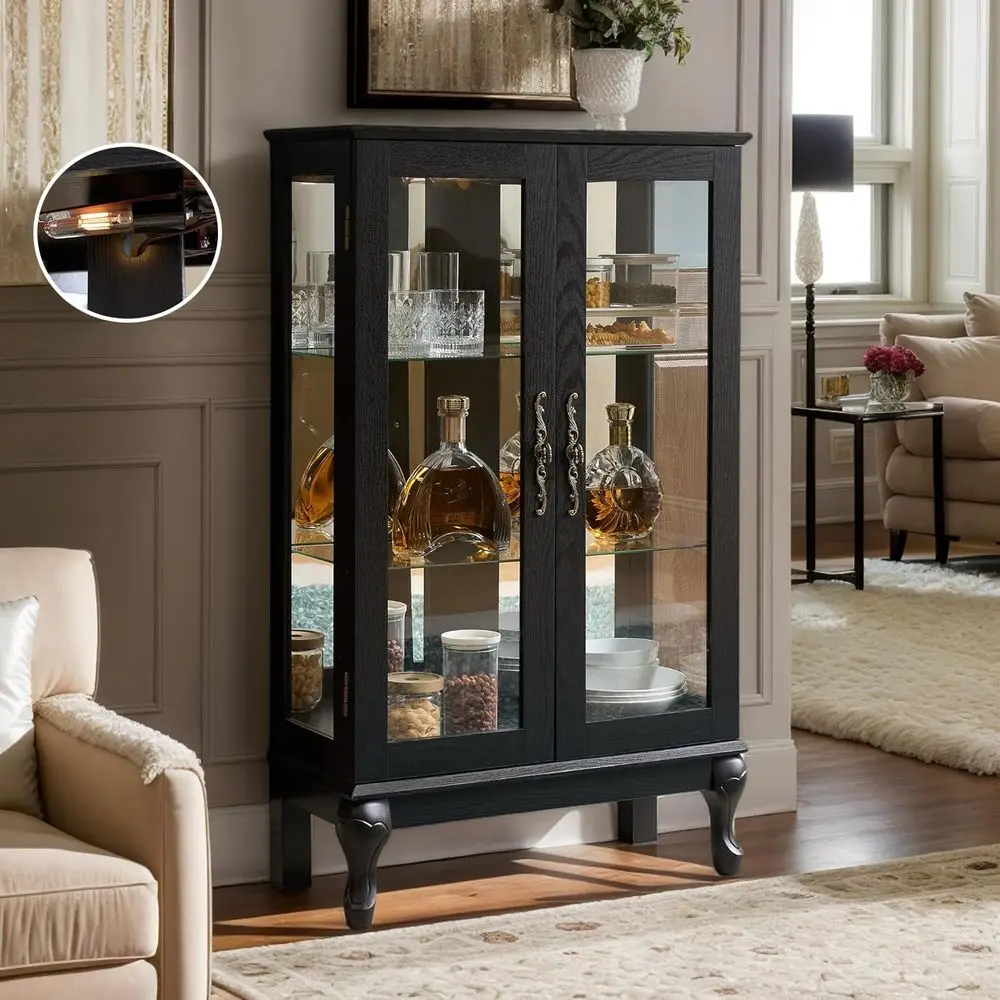 

44 Tall Lighted Curio Cabinet, Antique Wooden Showcase with Tempered Glass, Adjustable Shelves, Mirrored Back, Ideal for Small W