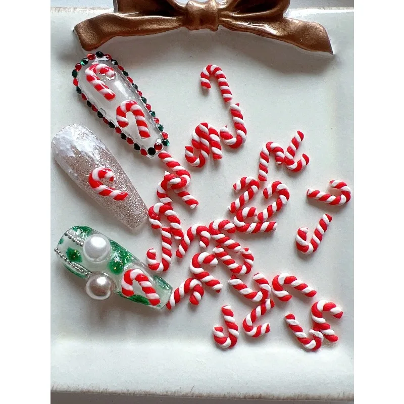 30Pcs Christmas Candy Cane Nail Charms, Winter 3D Soft Clay Ornaments, Lovely Holiday Decor for DIY Manicure Press On Nail Art