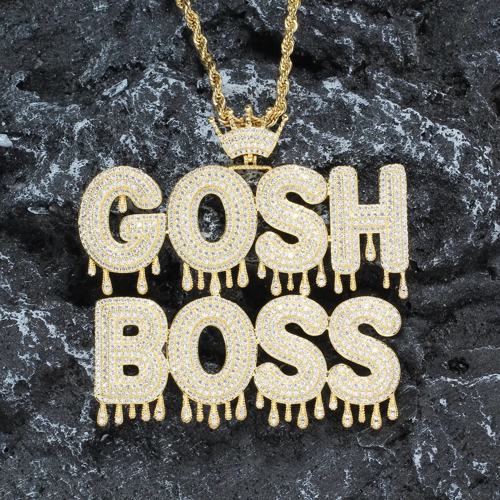 TopBling Hip Hop Crown A-Z Custom Name Letters Pendant Necklaces Bling Waterdrop Bubble