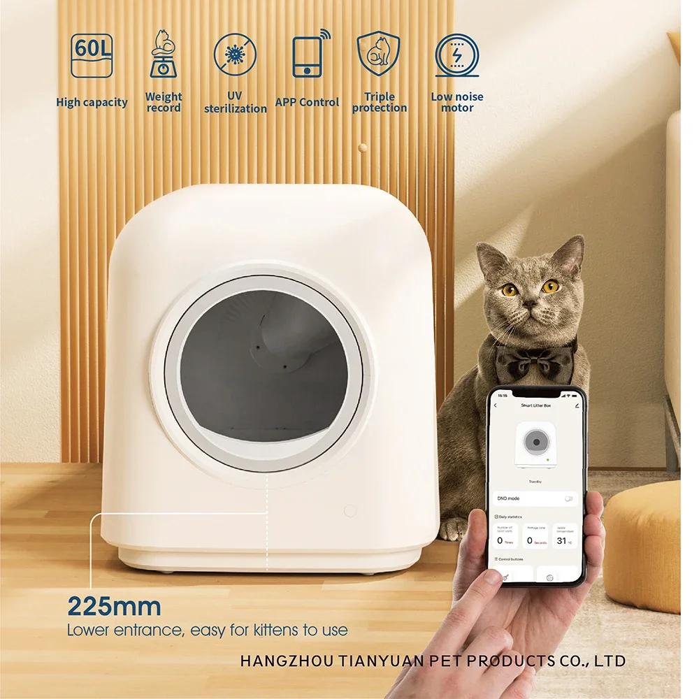 Pet Electronic Products High Capacity 60l Weight Record Smart Automatic Low Noise Motor App Control Self-Cleaning Cat . Box