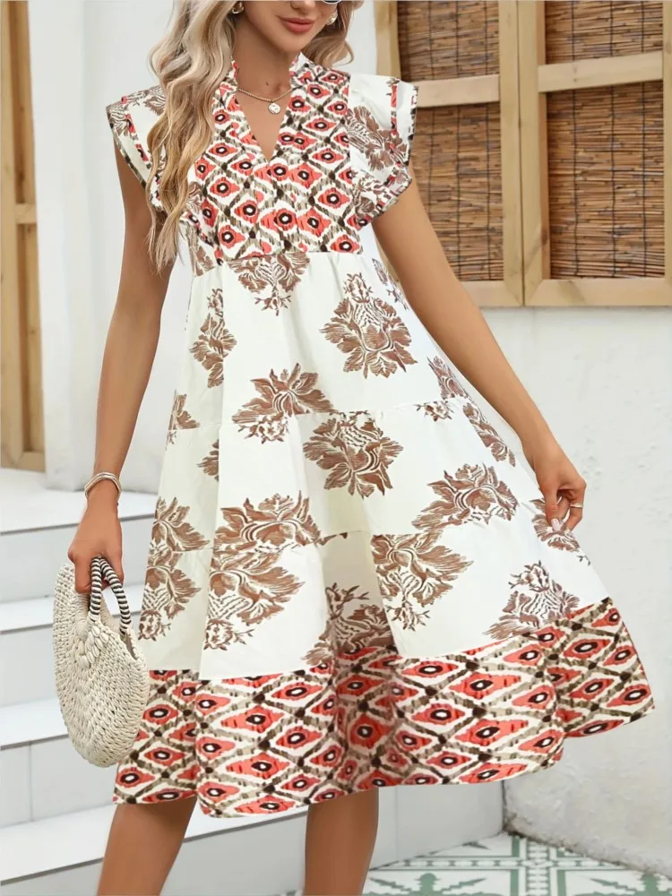 

Women's New Floral Print Standing Collar A-Line Dresses Summer Fashion Short Sleeve Loose Midi Dress Ladies Holiday Party Dress
