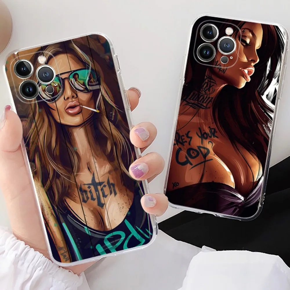 Sexy Sleeve Tattoo Girl Phone Case For iPhone 15 14 11 12 13 Mini Pro XS Max Cover 6 7 8 Plus X XR SE 2020 Funda Shell