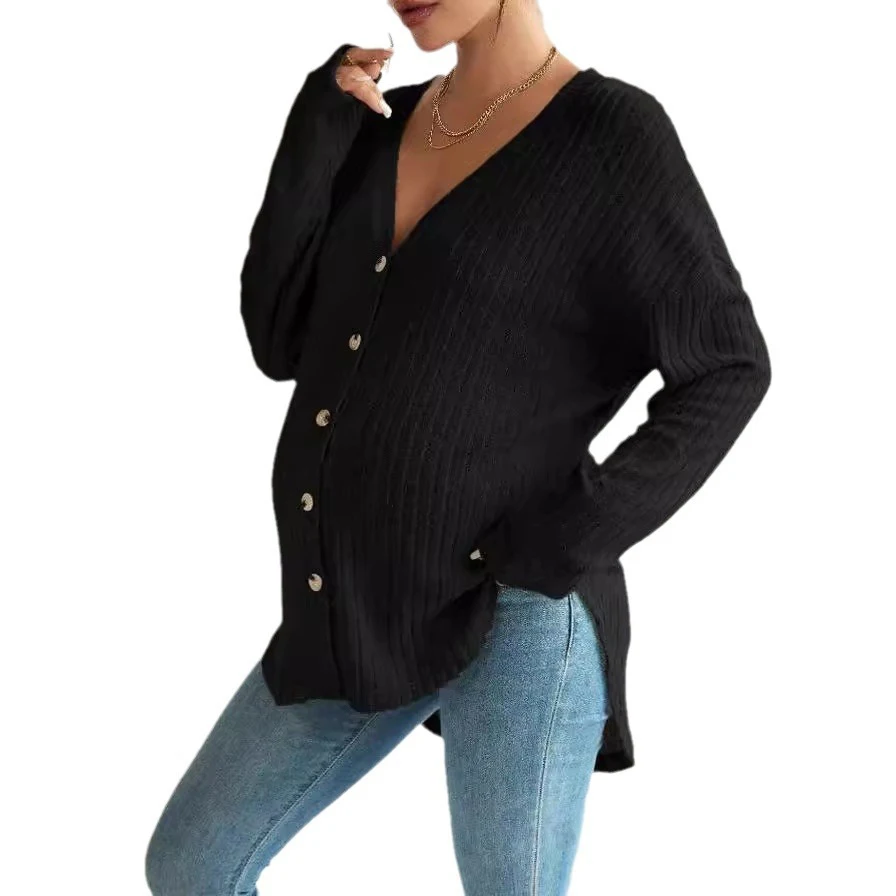 Maternity Clothes Long Sleeved V-neck Maternity T-shirt Front Button Cardigan Shoulder Sleeved T-shirt Pregnant Women Clothing