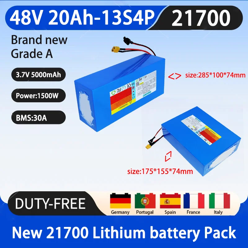 New 48V 20Ah 21700 13S4P lithium-ion battery pack 1500W with 30A BMS suitable for outdoor energy storage batteries, etc.+54.6V 3