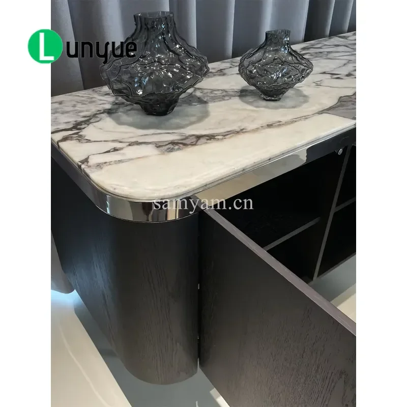 Modern Luxury Marble Top Sideboard Oak Veneer TV Cabinet High End Storage Locker for Living Room Dining Room Furniture