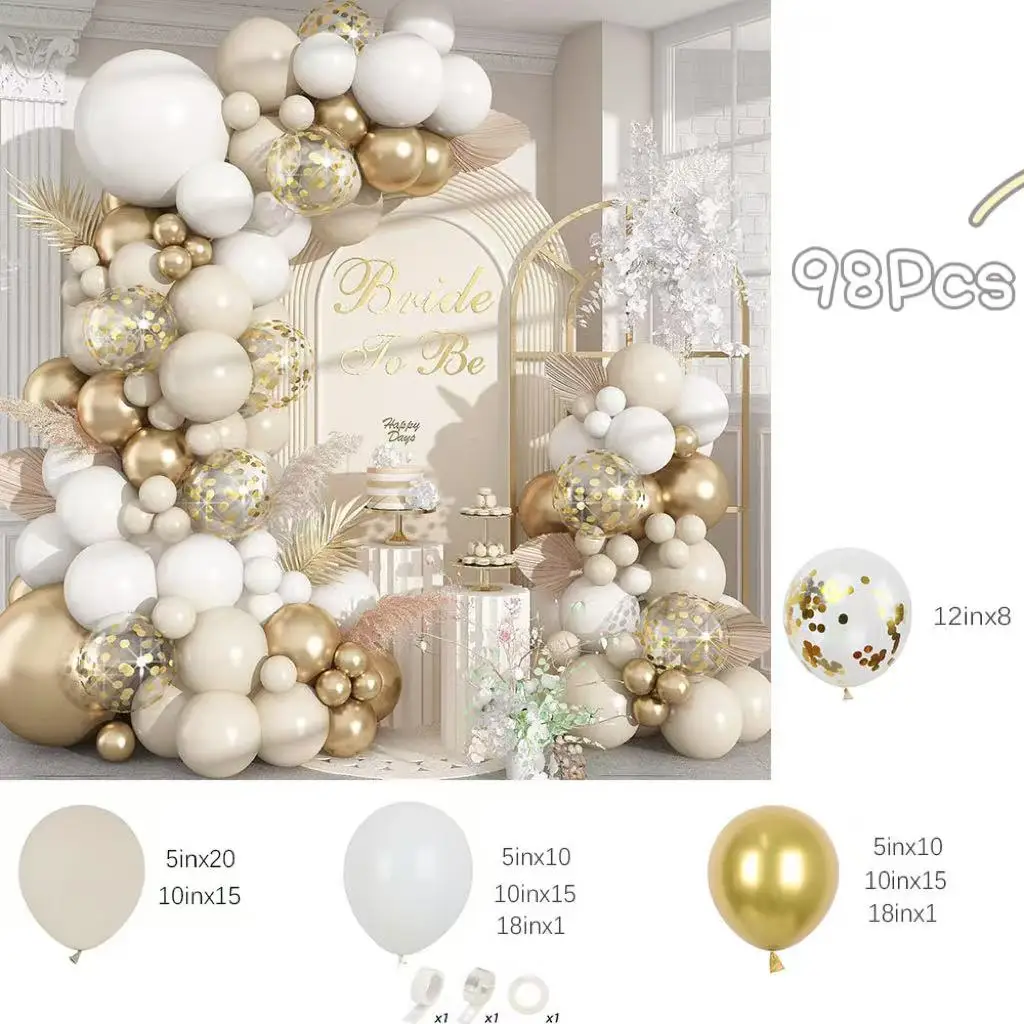 98Pcs White Sand Gold Balloons Garland Arch Kit Metallic Gold Confetti Latex Balloons for Wedding Birthday Party Decorations