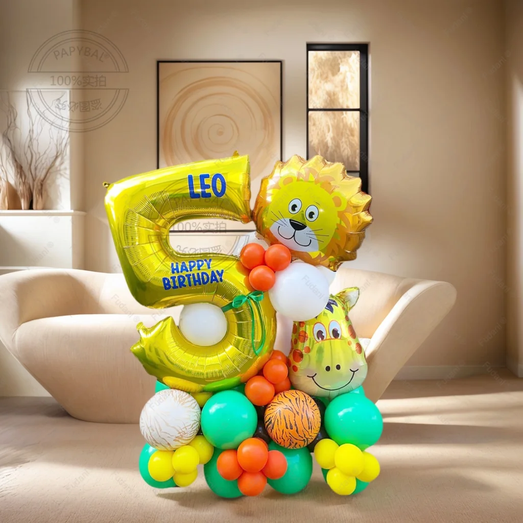 45 قطعة بالون الأسد الزرافة الذهب عدد بالون عيد ميلاد مجموعة الكرتون الحيوان موضوع الطرف الديكور لوازم احتفالية هدية عيد ميلاد