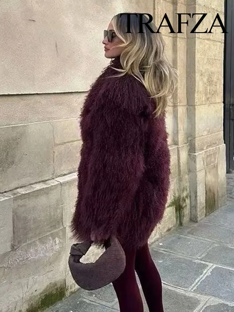 TRAFZA Giacche da donna in pelliccia sintetica maniche lunghe larghe colletto rovesciato caldo cappotto lungo invernale femminile vino rosso capispalla casual vintage