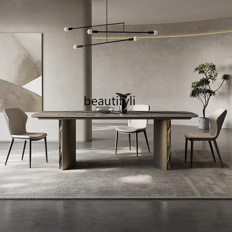 

Rock slab dining table and chairs Italian light luxury large flat floor living room household rectangular dining table