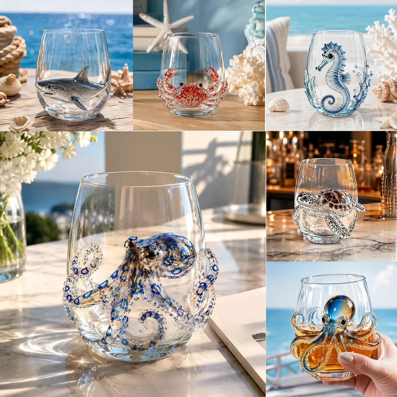 Handcrafted Marine Animal Bar Glass 12 Oz Sea Monster Whiskey Glasses Home Decor Sea Themed Tumbler Cup for Coastal Ocean Lovers