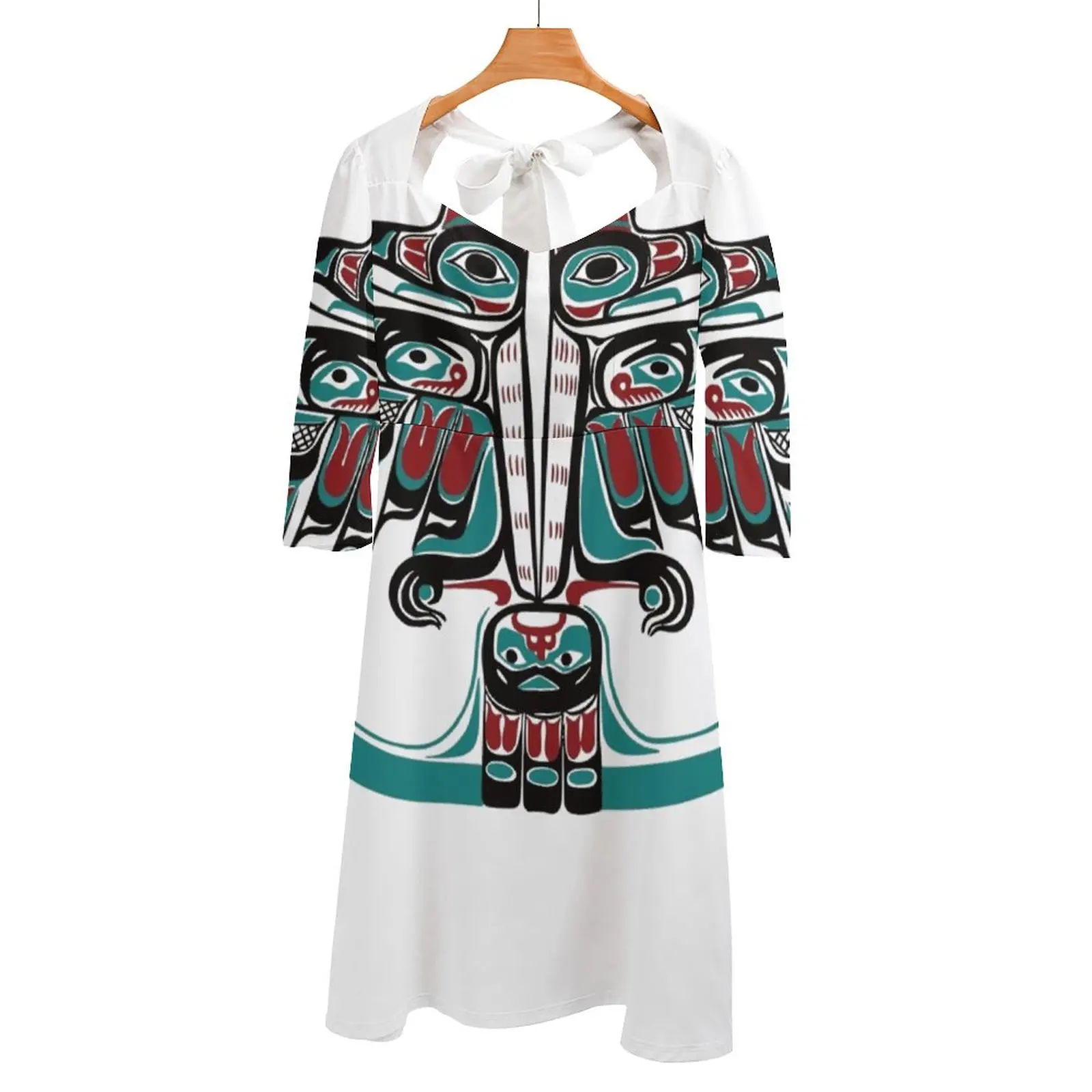 Northwest Native Art Haida Tlingit Back Lacing Backless Dress Square Neck New Plus Size Elegant Women Dress Indian Tribal Art