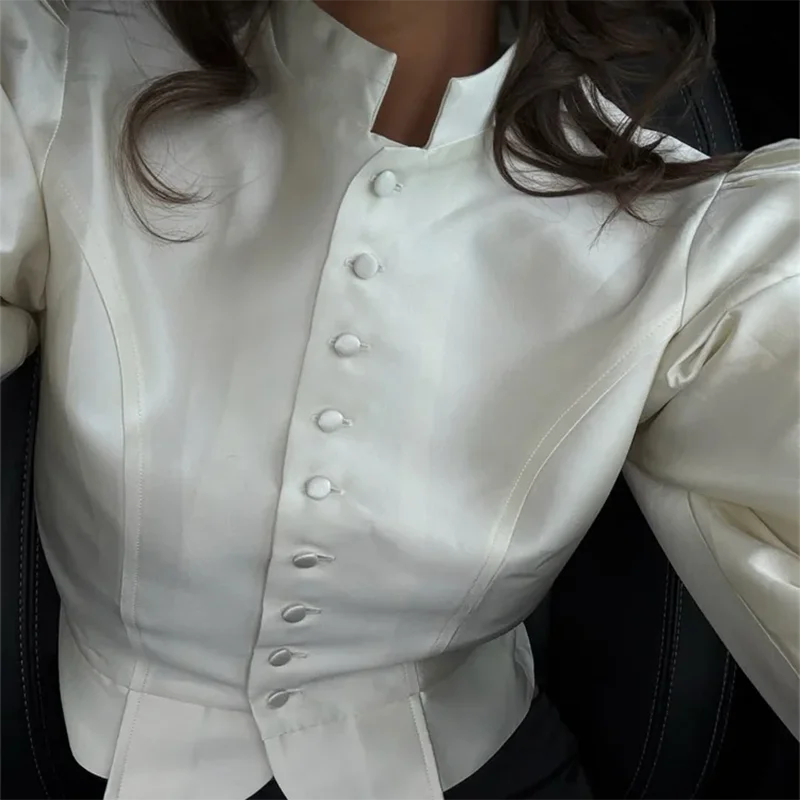 

Satin Blouses Shirts Women Tops 2026 Spring Long Sleeve Blouse Office Commuting Single Breasted Cardigan Coats Jackets
