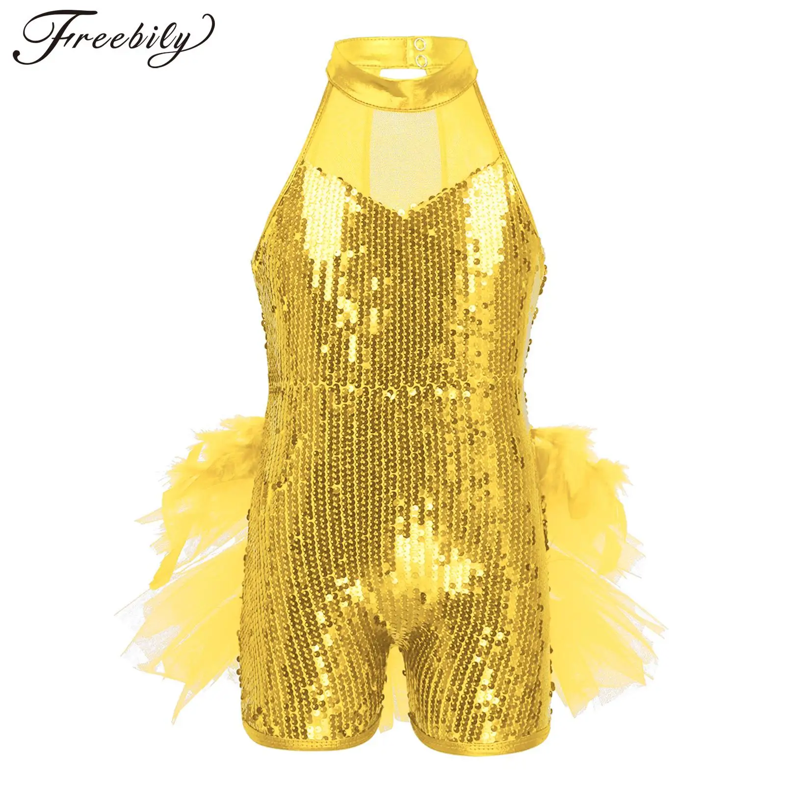 Kids Girls Sleeveless Sequins Jumpsuit Latin Jazz Ballet Dance Costume Mock Neck Shorty Unitards Dancewear Performance Bodysuit