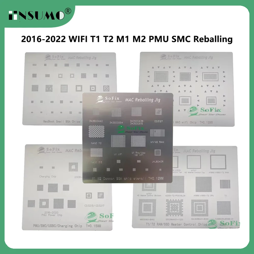 

Sofix Reballing Stencil for Macbook 2016-2022 WIFI T1 T2 M1 M2 PMU SMC Logic Board BGA Chip Stencil Integrated Tin Net Repair