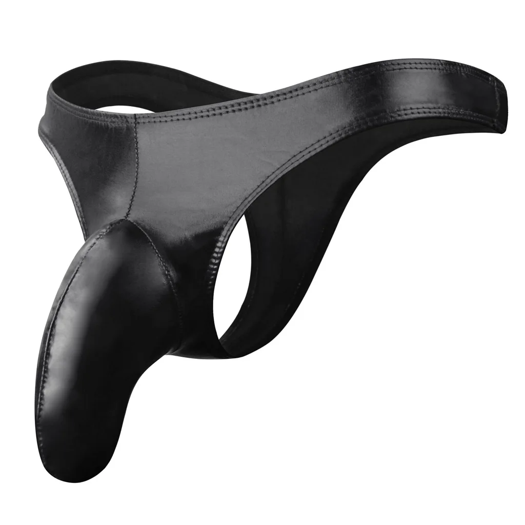 Men's Erotic Shiny Faux Leather T-Back G-string Penis Sleeves Underwear Closed Sheath Wet Look Clubwear Thong Homme Slip Panties