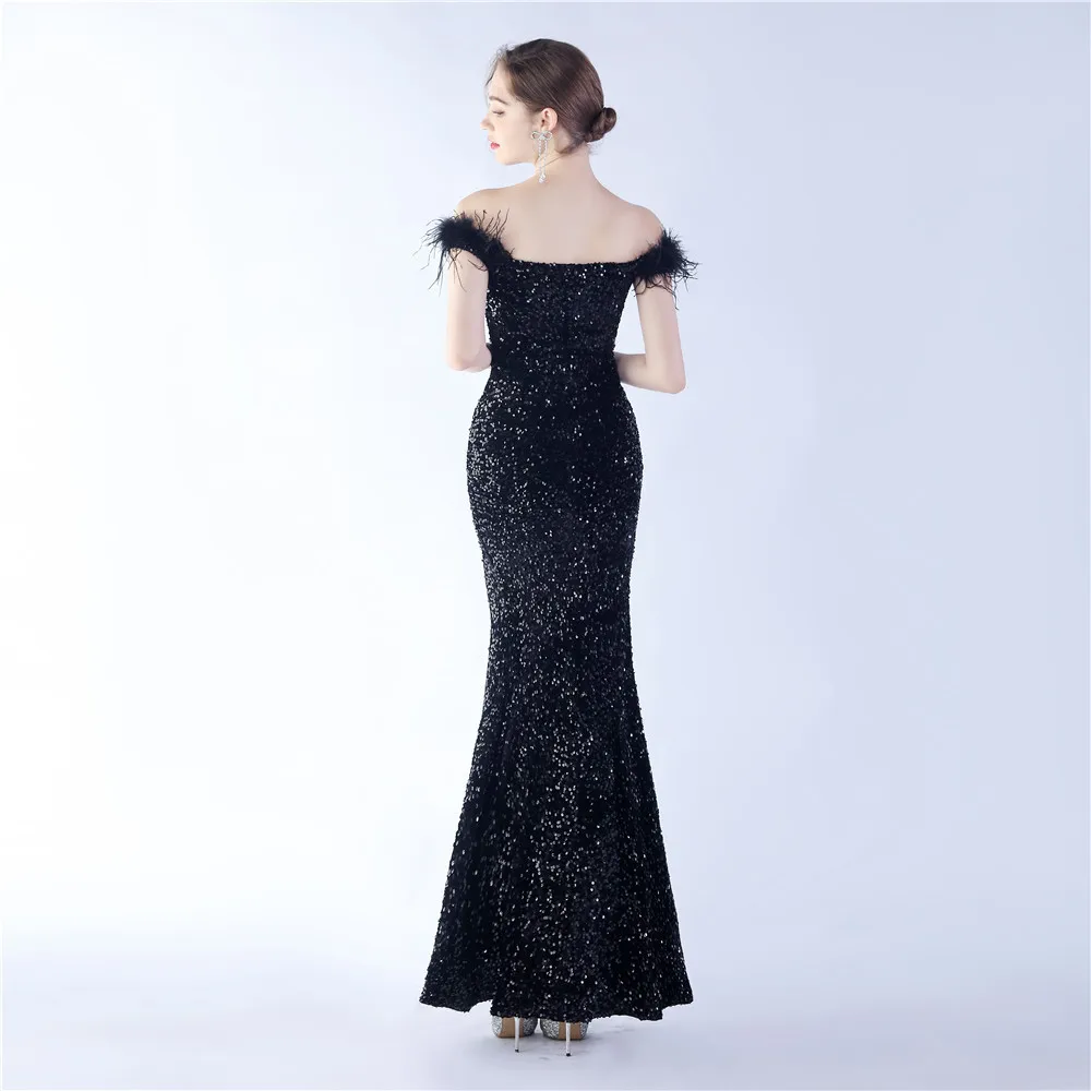 DEERVEADO Woman Off Shoulder Evening Party Dresses Long Elegant Prom Dresses with Feathers Sequins Formal Occasion Dress Gala