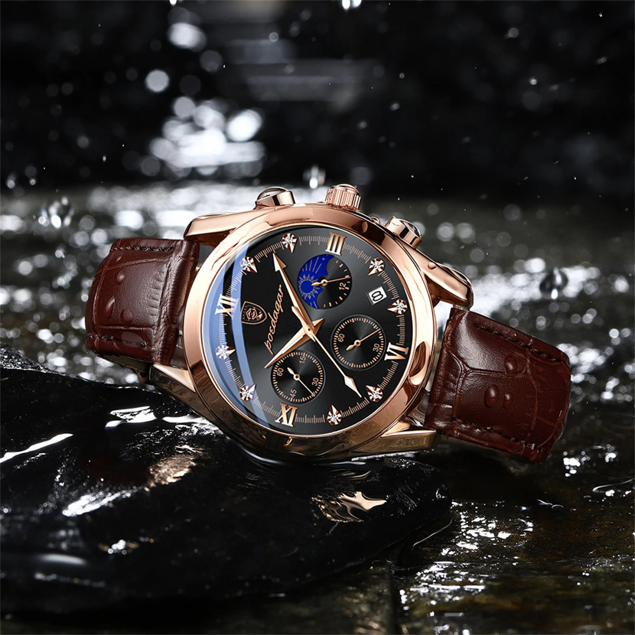 

Fashion trend men watcher party date applies waterproof sun moon phase watch for men quartz clock luminous alloy case men watch