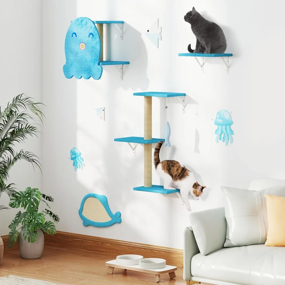 Juego de árbol para gatos de 4 piezas montado en la pared: casa para mascotas de madera resistente, tablero para rascar, plataformas, postes de sisal, dije de pez azul, ideal para